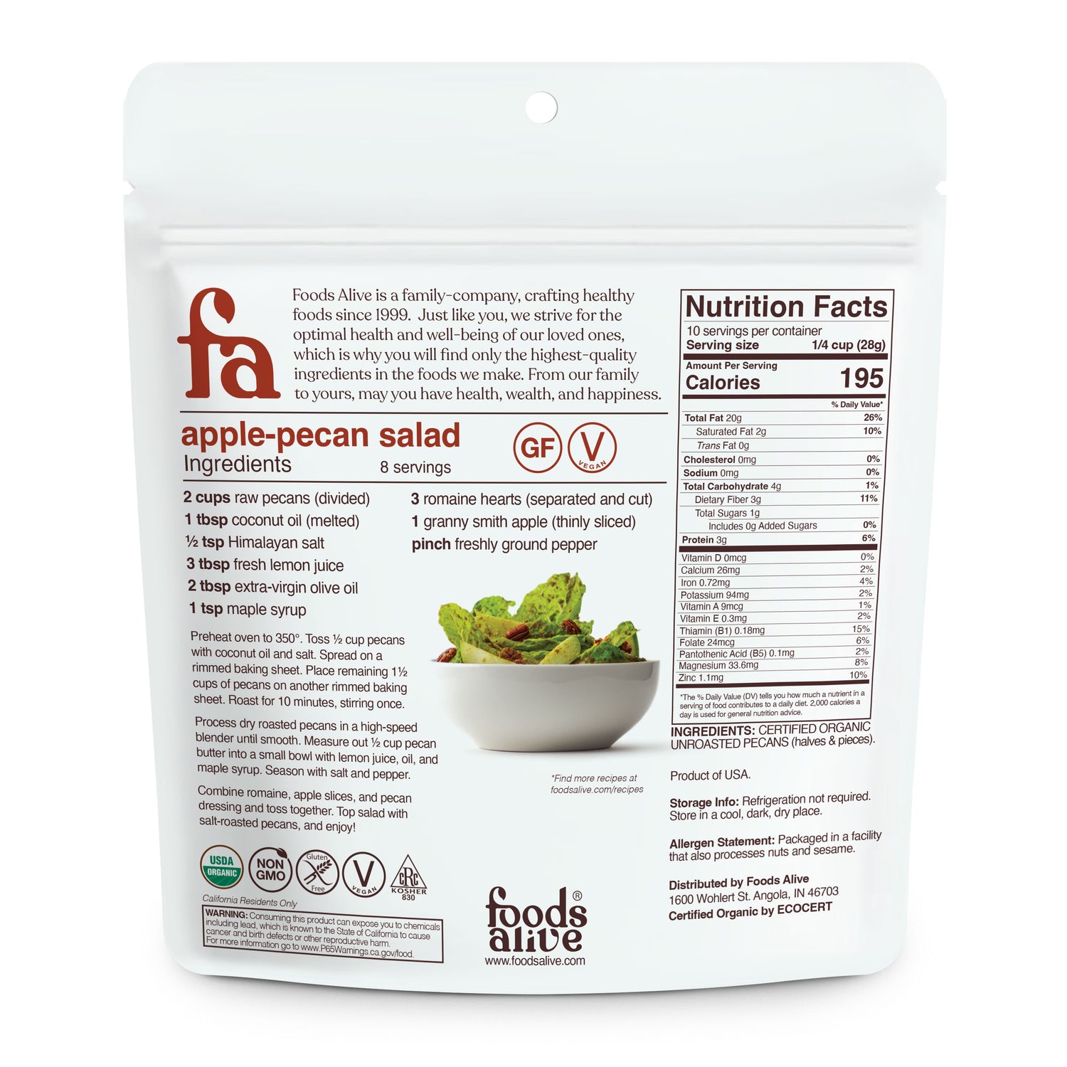 Organic Raw Pecans - 10oz - Front - Foods Alive