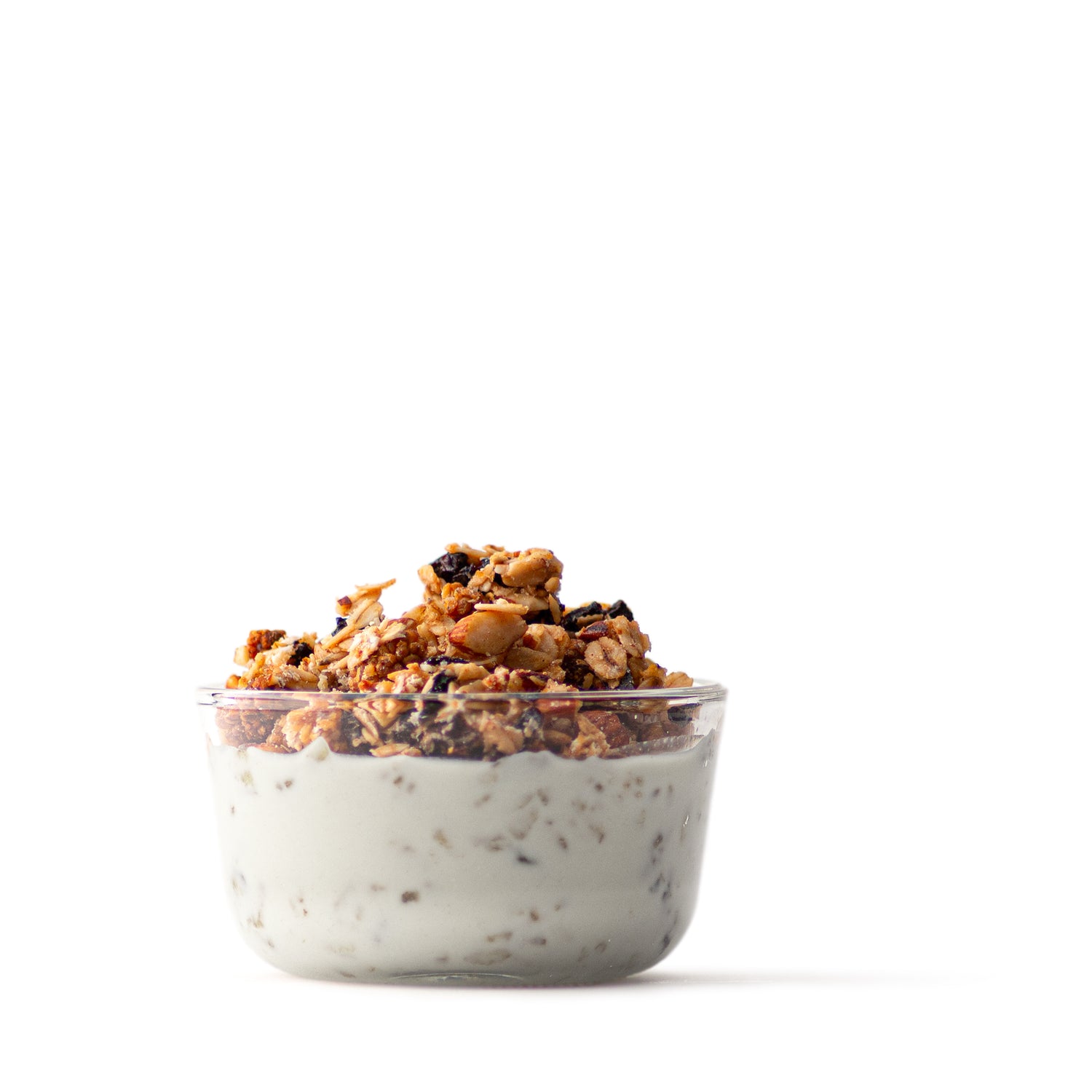 white mulberry granola in a clear glass bowl