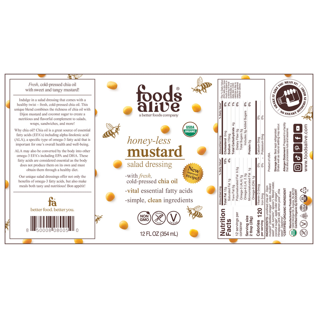 12oz honey-less mustard dressing in glass bottle label