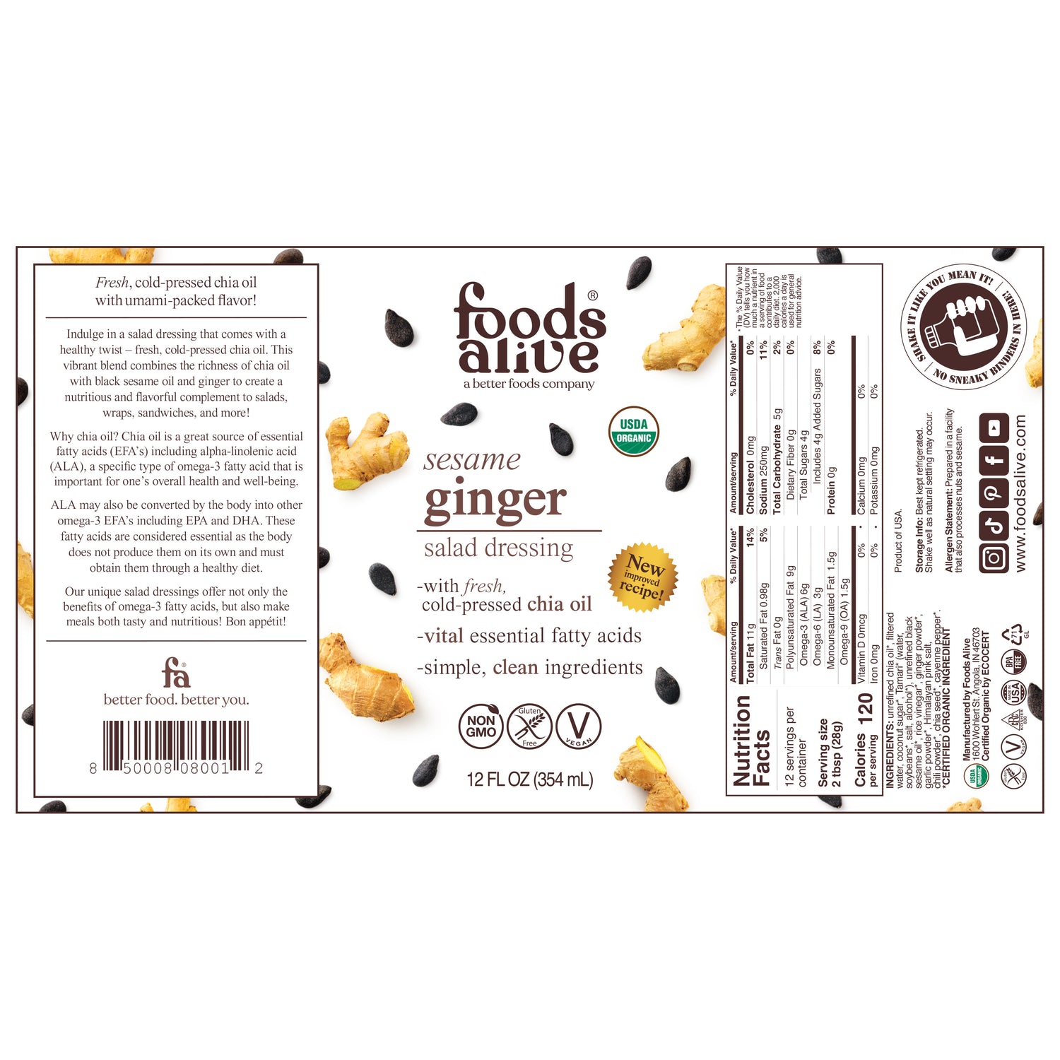 12oz sesame ginger dressing in glass bottle - label