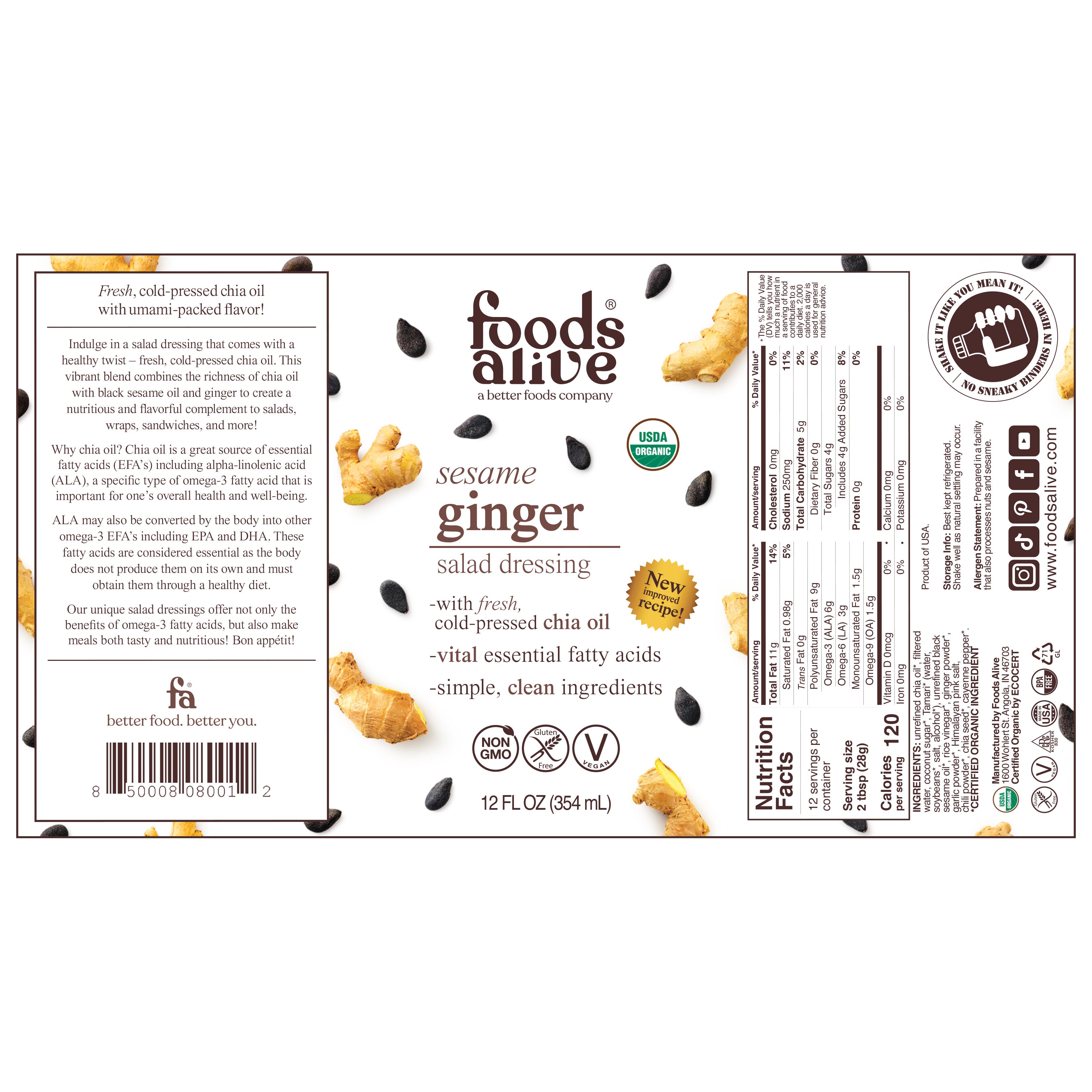 12oz sesame ginger dressing in glass bottle - label