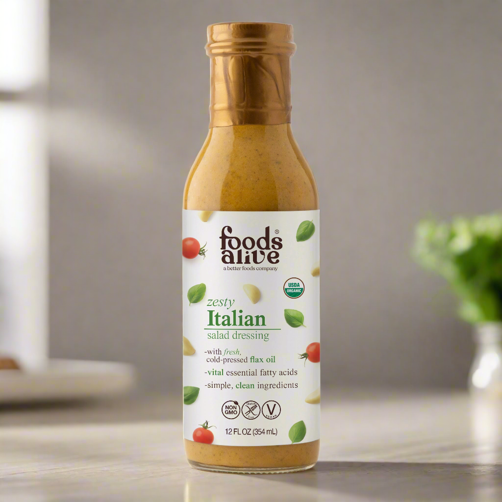 Organic Zesty Italian Salad Dressing with cold-pressed oil in glass bottle - 12oz