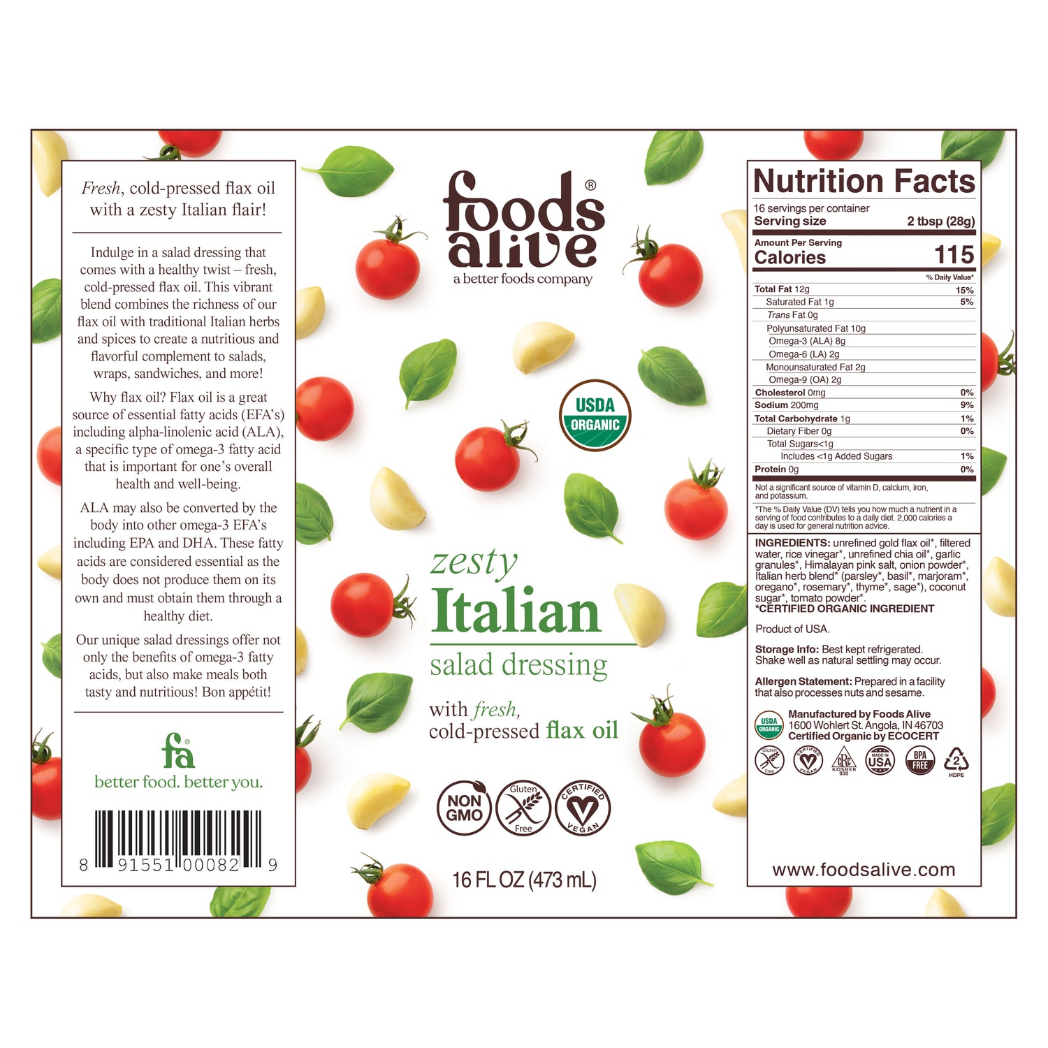Organic Zesty Italian Salad Dressing Label - 16oz