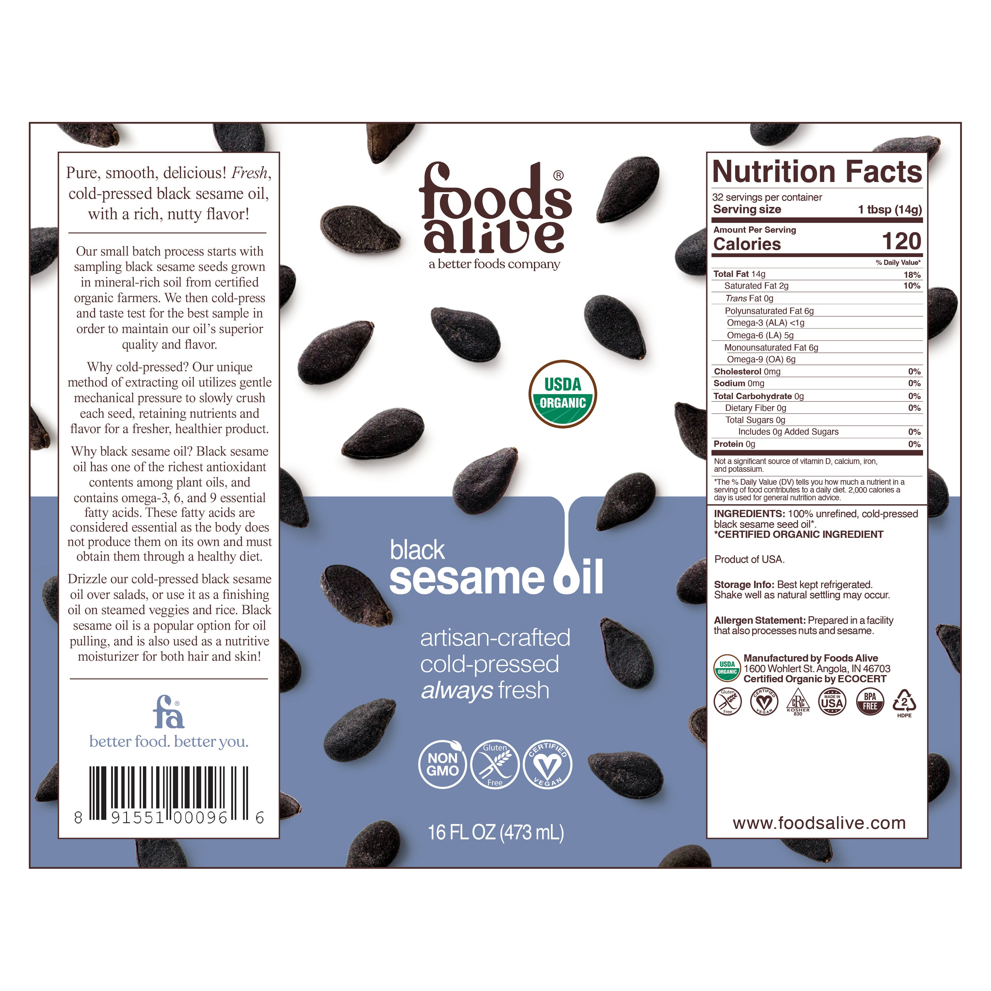 Organic Cold-Pressed Black Sesame Seed Oil 16oz Label - Foods Alive