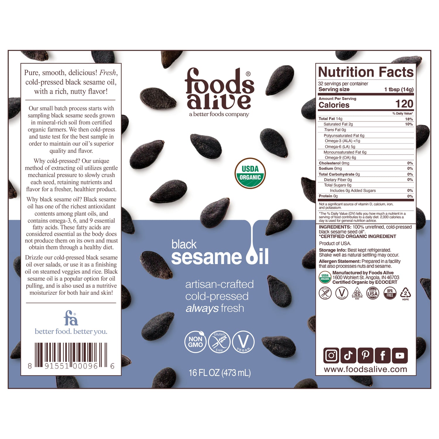 Organic Cold-Pressed Black Sesame Seed Oil 16oz, 