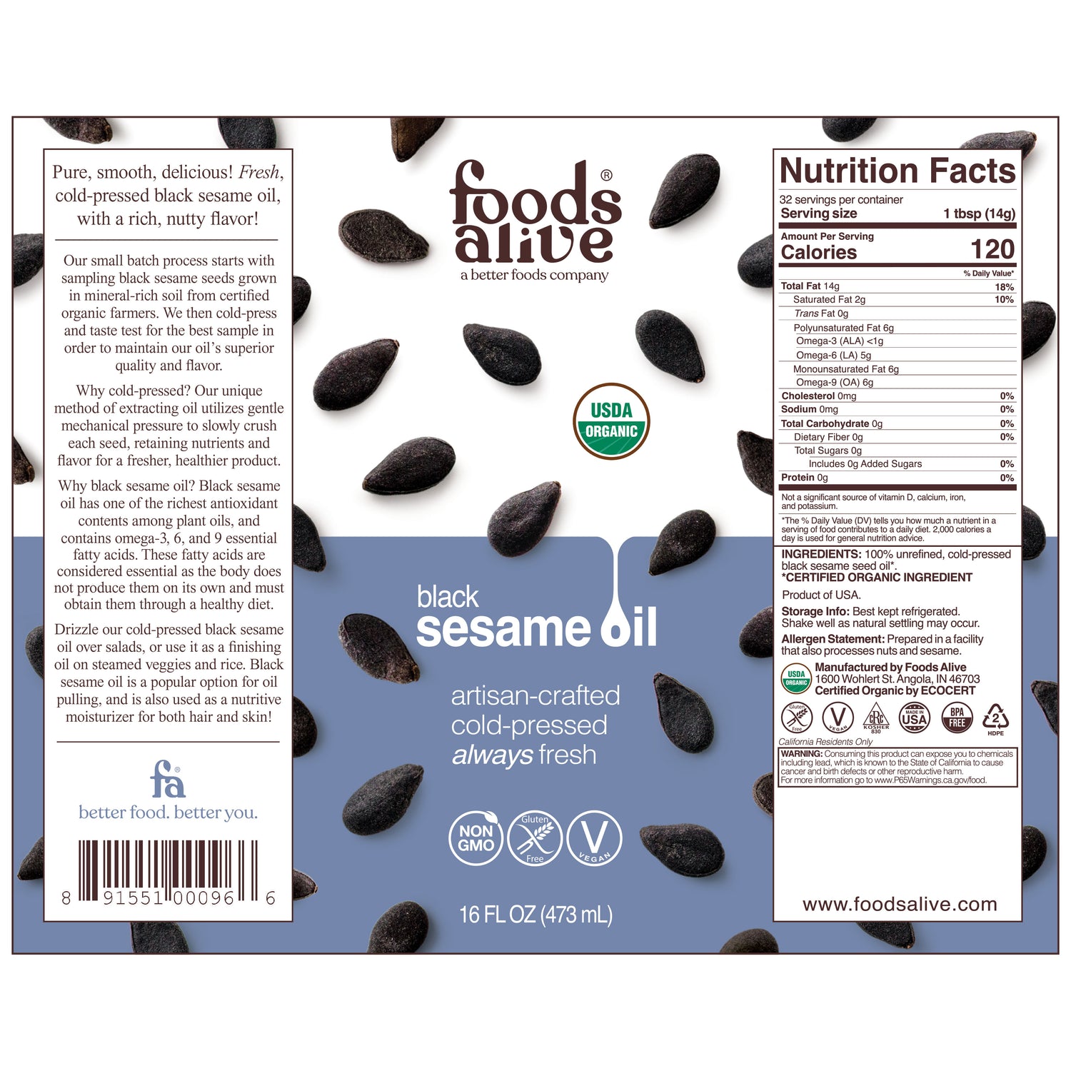 Organic Cold-Pressed Black Sesame Seed Oil 16oz