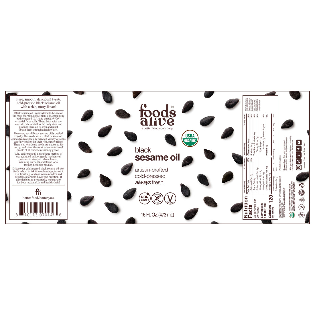 Organic Cold-Pressed Black Sesame Seed Oil 16oz Glass Bottle label - Foods Alive, 