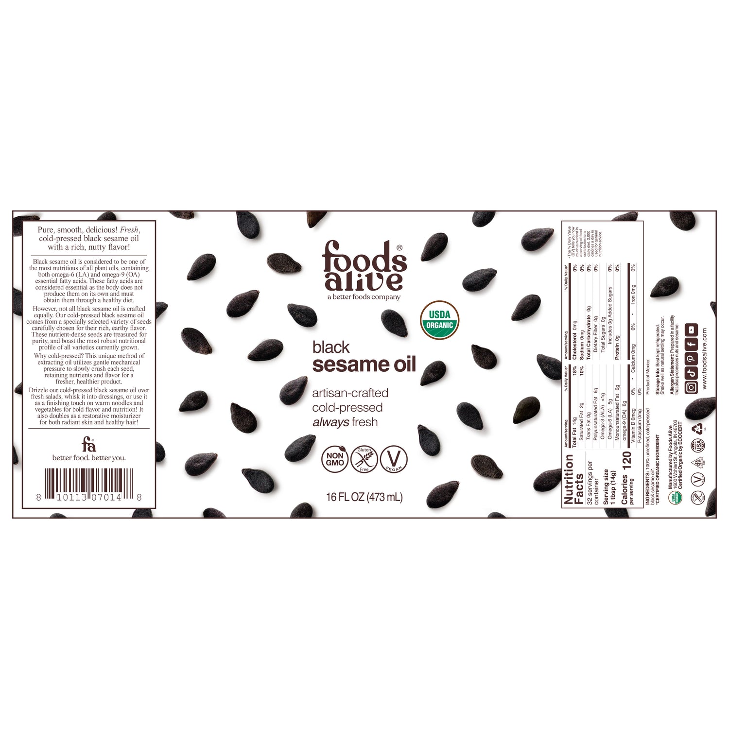 Organic Cold-Pressed Black Sesame Seed Oil 16oz Glass Bottle label - Foods Alive, 