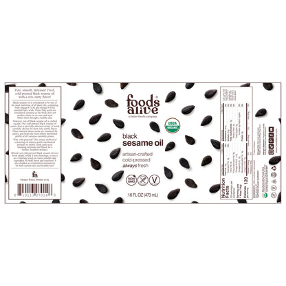 Organic Cold-Pressed Black Sesame Seed Oil 16oz Glass Bottle label - Foods Alive, 