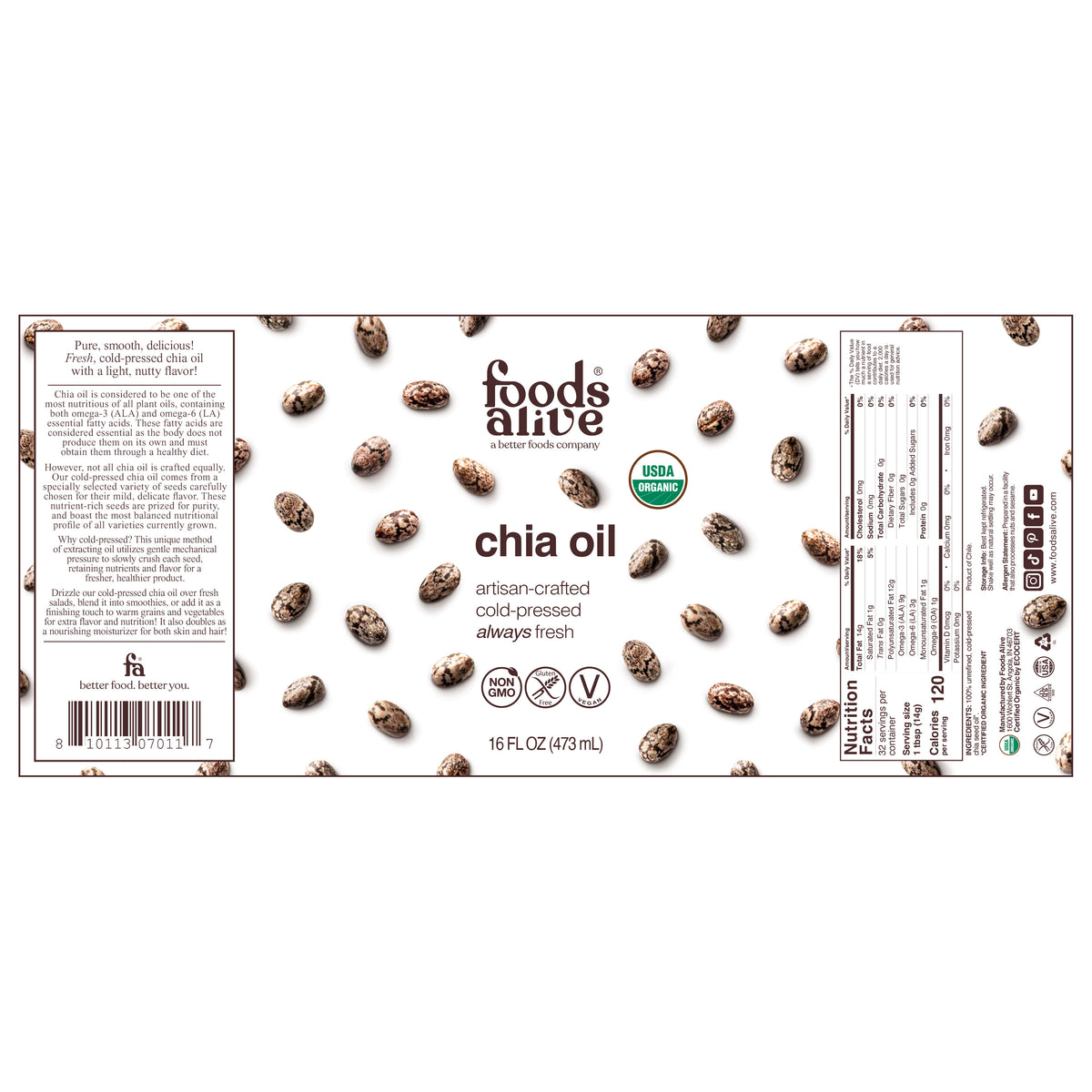 Foods Alive Organic Cold-Pressed Chia Oil 16 oz glass bottle flat label showing front design, chia seed graphics, product information, barcode, and Nutrition Facts. 