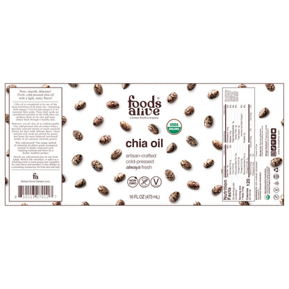 Foods Alive Organic Cold-Pressed Chia Oil 16 oz glass bottle flat label showing front design, chia seed graphics, product information, barcode, and Nutrition Facts. 