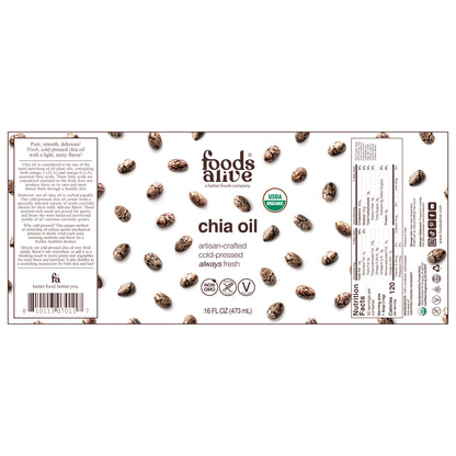 Organic Cold-Pressed Black Chia Seed Oil 16oz Glass Bottle Label - Foods Alive, 