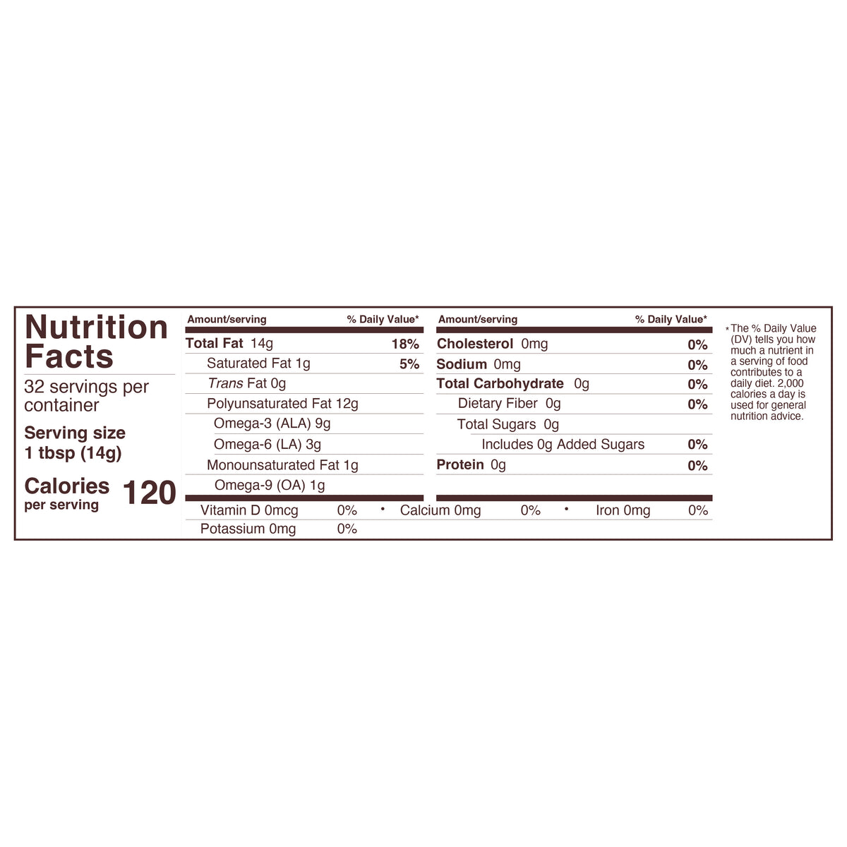 Nutrition Facts for Foods Alive Organic Cold-Pressed Chia Oil 16 oz glass bottle, showing 120 calories, 14 g total fat, and 9 g omega-3 ALA per 1 tbsp serving. 