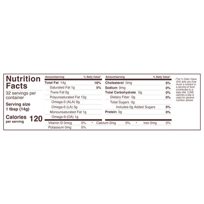 Nutrition Facts for Foods Alive Organic Cold-Pressed Chia Oil 16 oz glass bottle, showing 120 calories, 14 g total fat, and 9 g omega-3 ALA per 1 tbsp serving. 