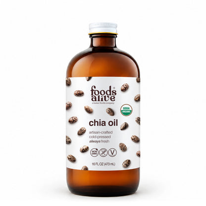 Foods Alive Organic Cold-Pressed Chia Oil 16 oz amber glass bottle with white cap and white label featuring chia seeds. 