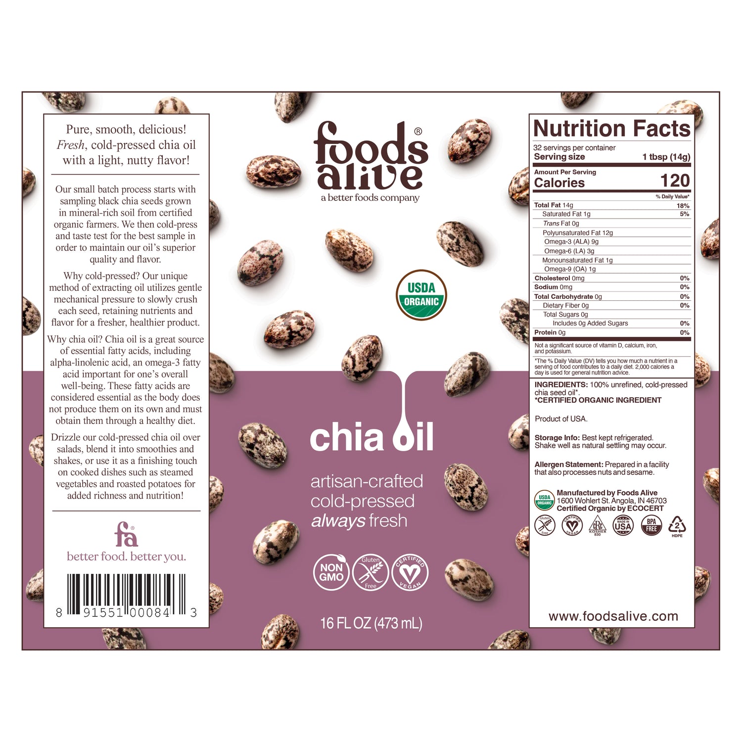 Organic Cold-Pressed Black Chia Seed Oil 16oz Label - Foods Alive