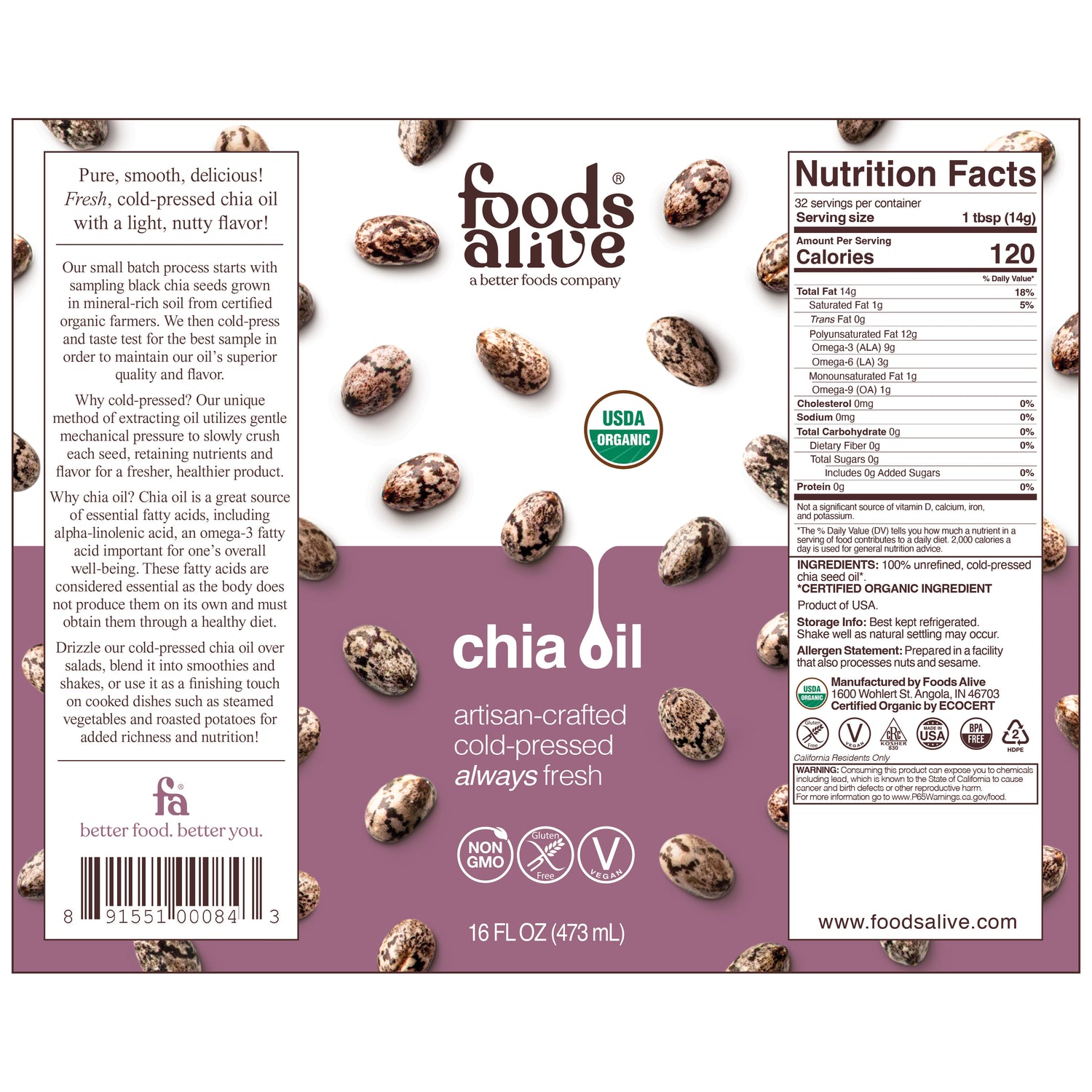 Organic Cold-Pressed Black Chia Seed Oil 16oz