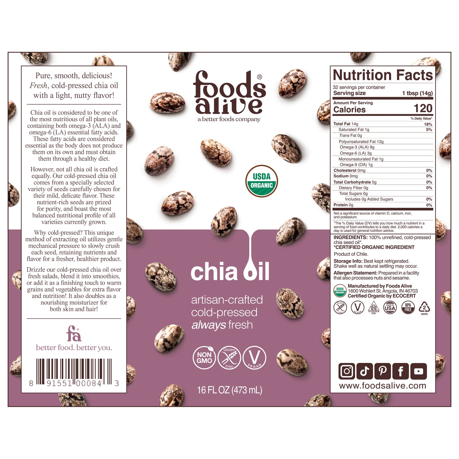 Organic Cold-Pressed Black Chia Seed Oil 16oz Label, 