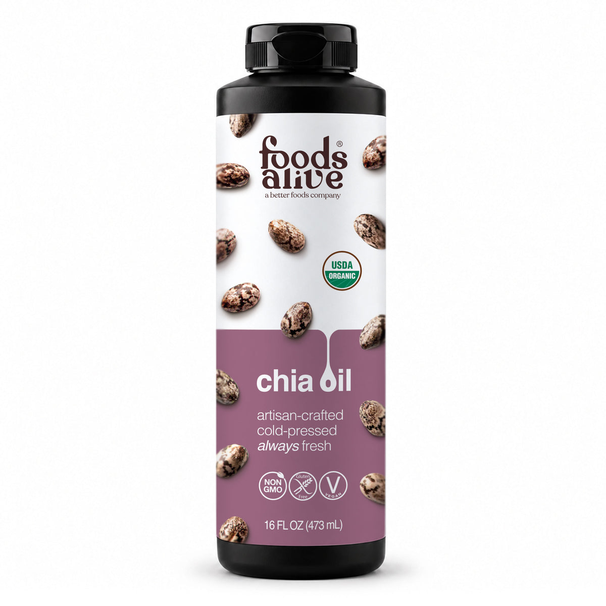 Foods Alive Organic Cold-Pressed Chia Oil 16 oz black plastic bottle with black cap and purple label featuring chia seeds. 