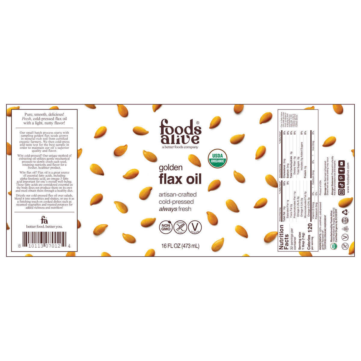 Foods Alive Organic Cold-Pressed Golden Flax Oil 16 oz glass bottle flat label, showing front and back packaging, flaxseed artwork, product details and Nutrition Facts. 