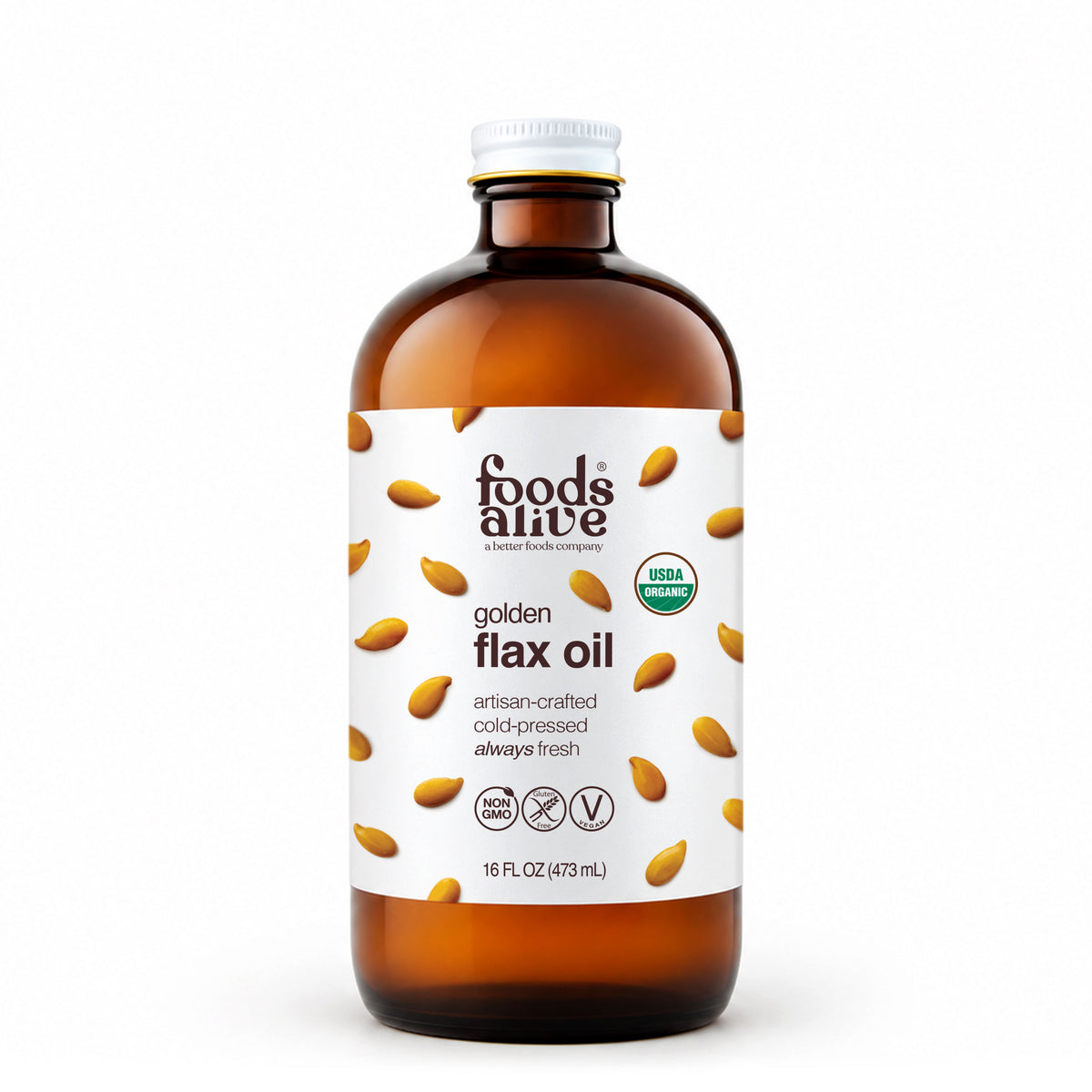 Foods Alive Organic Cold-Pressed Golden Flax Oil 16 oz, amber glass bottle with white cap and golden flaxseed label. 