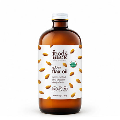 Foods Alive Organic Cold-Pressed Golden Flax Oil 16 oz, amber glass bottle with white cap and golden flaxseed label. 