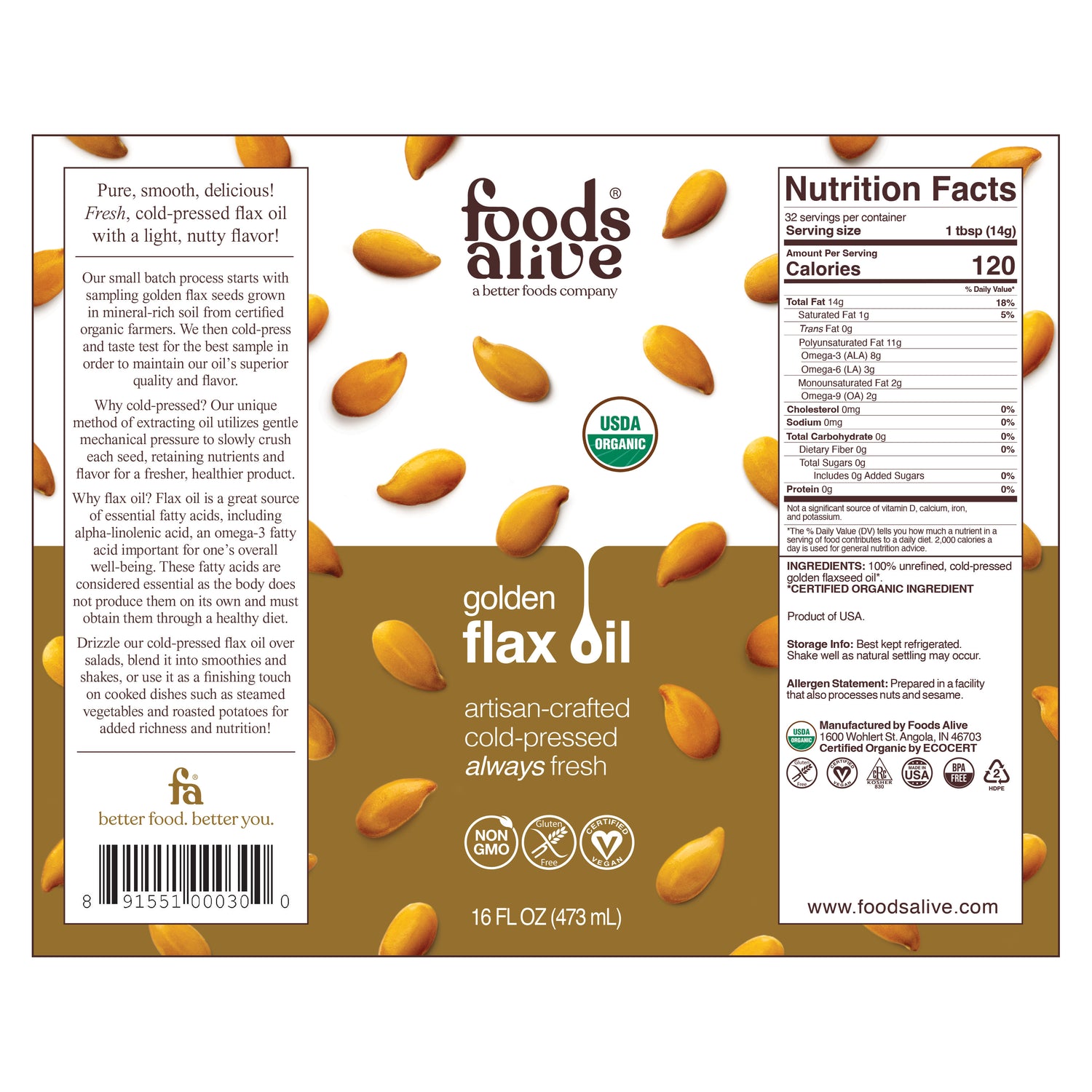 Organic Cold-Pressed Gold Flax Seed Oil 16oz Label - Foods Alive