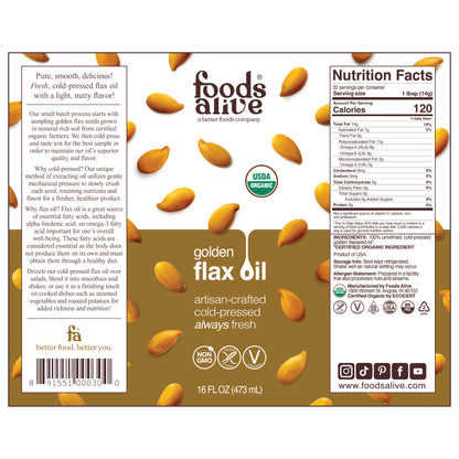 Organic Cold-Pressed Gold Flax Seed Oil 16oz (3-pack) Label, 