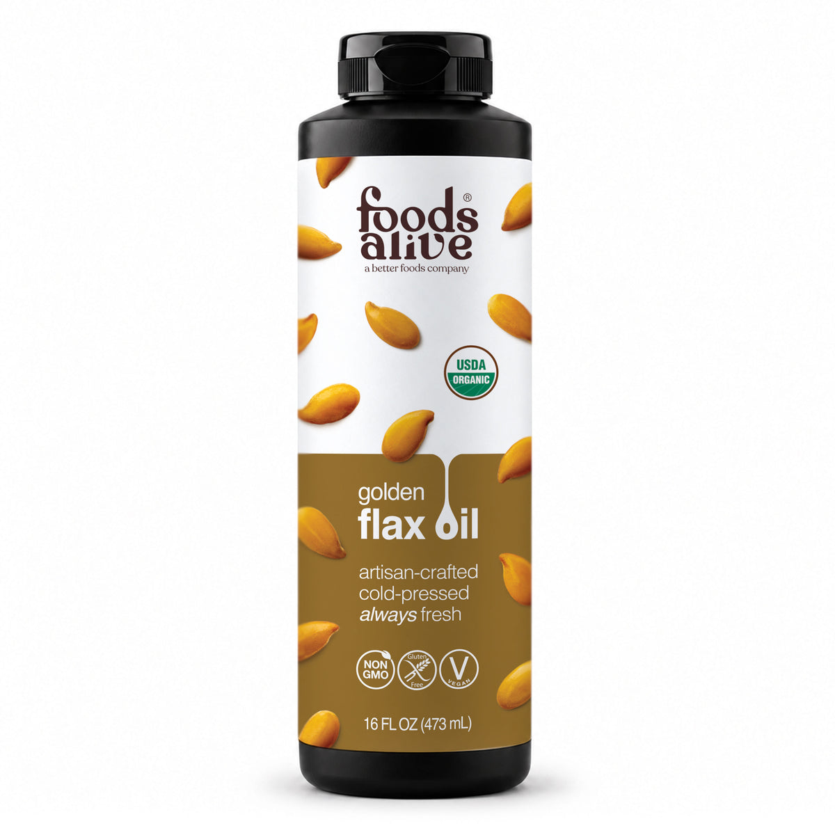 Foods Alive Organic Cold-Pressed Golden Flax Oil 16 oz, black plastic bottle with black cap and gold label featuring golden flaxseeds. 