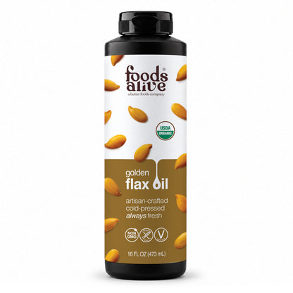 Foods Alive Organic Cold-Pressed Golden Flax Oil 16 oz, black plastic bottle with black cap and gold label featuring golden flaxseeds. 