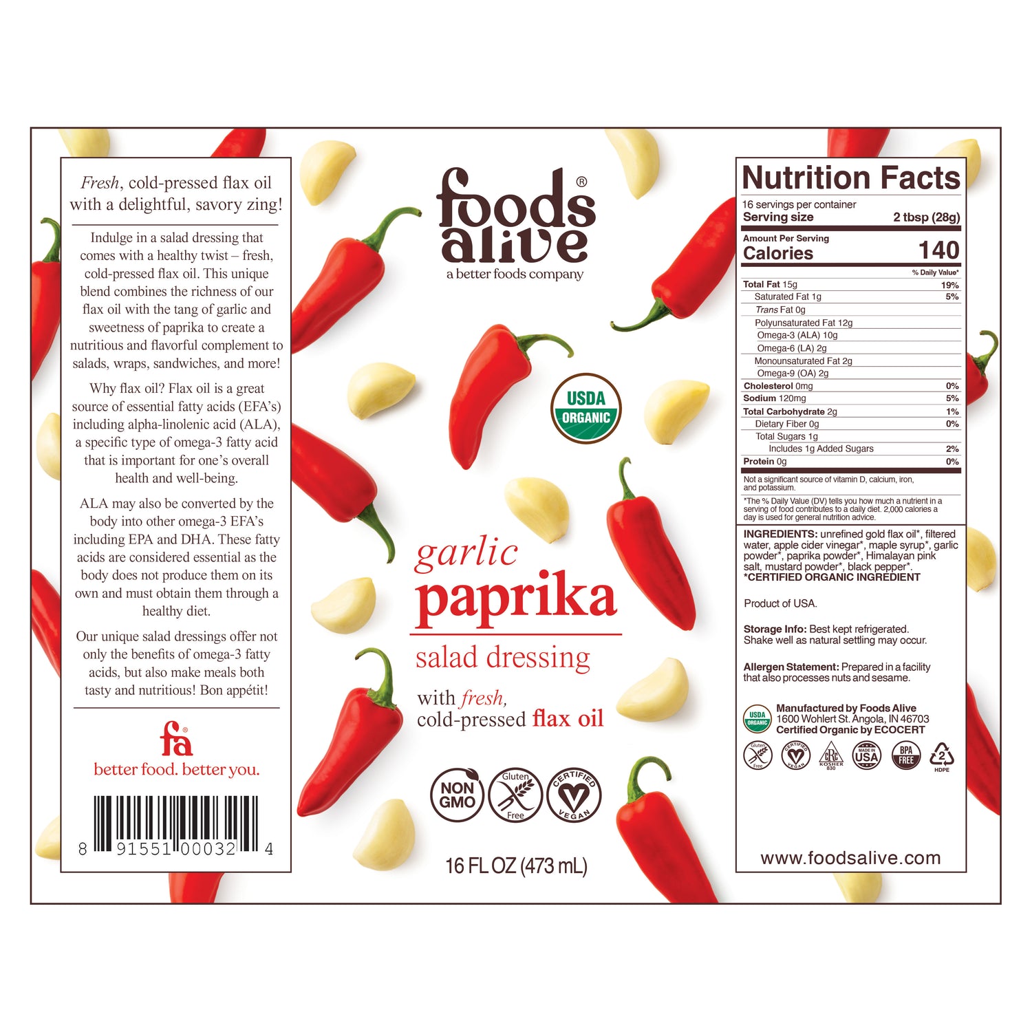 Organic Garlic Paprika Salad Dressing Label - 16oz