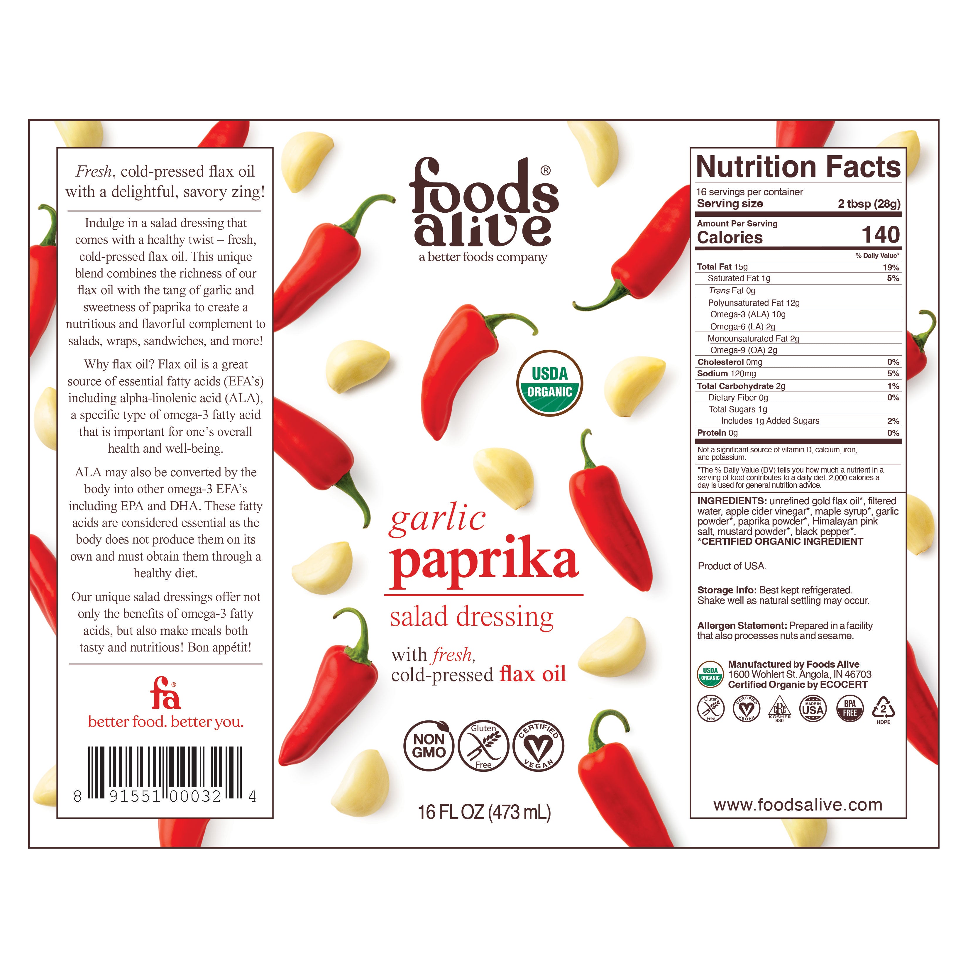 Organic Garlic Paprika Salad Dressing Label - 16oz