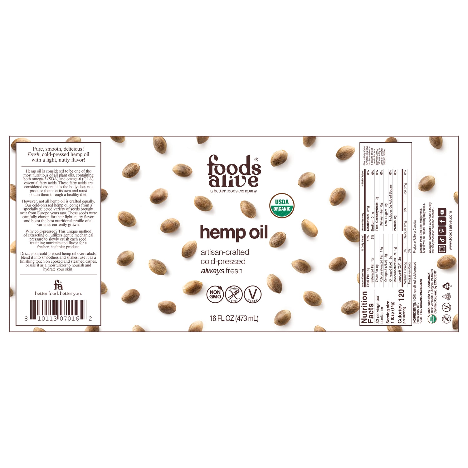 Organic Cold-Pressed Hemp Seed Oil 16oz Glass Bottle Label - Foods Alive, 