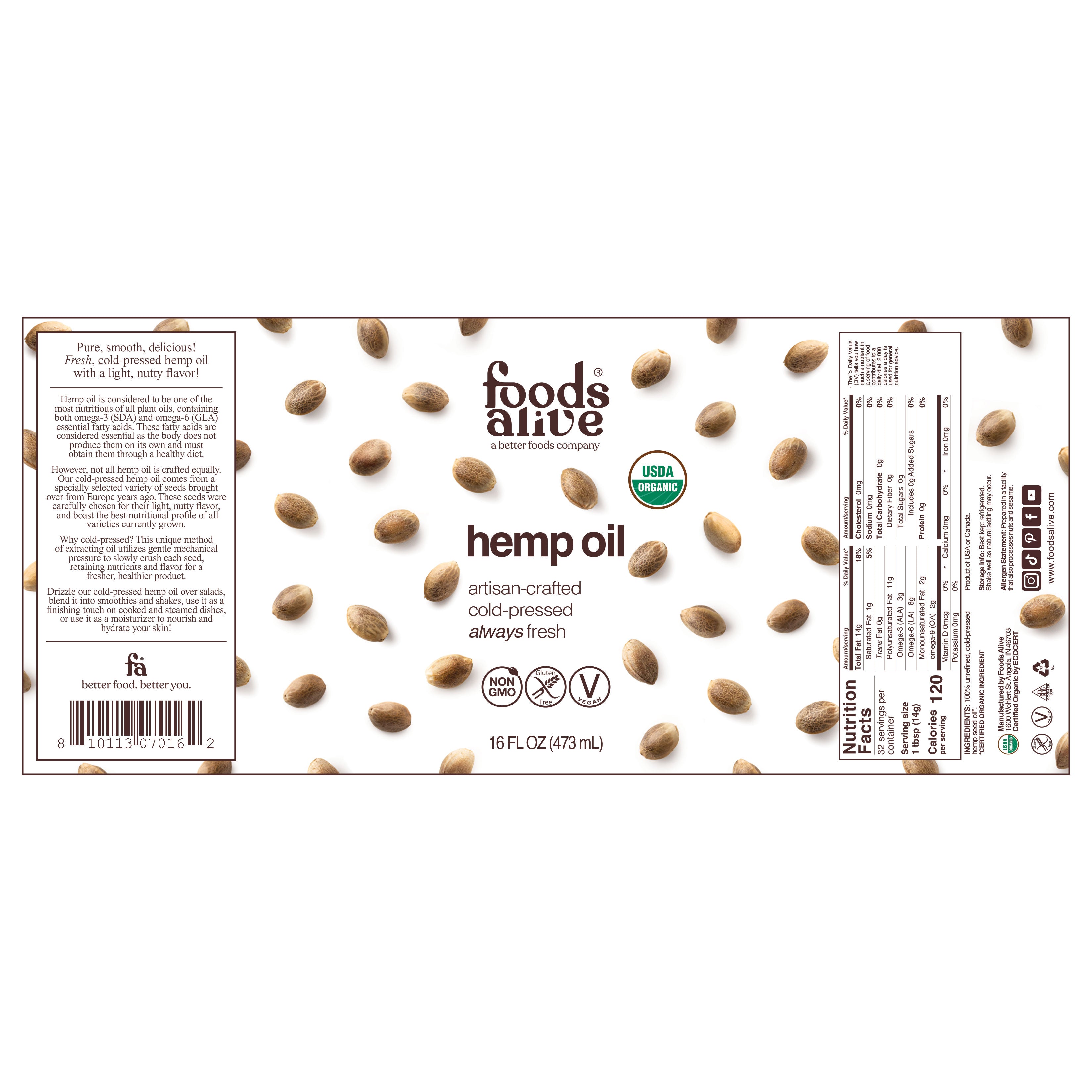 Organic Cold-Pressed Hemp Seed Oil 16oz Glass Bottle Label - Foods Alive, 