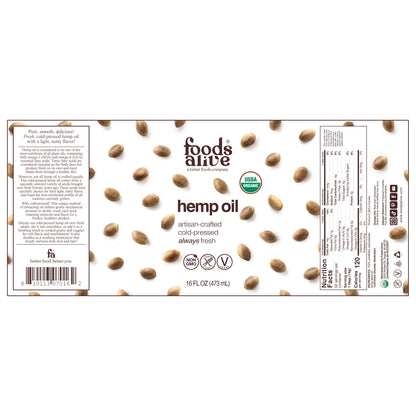 Foods Alive Organic Cold-Pressed Hemp Seed Oil 16 oz glass bottle flat label showing front design with hemp seeds, product information, ingredients, barcode, and Nutrition Facts. 