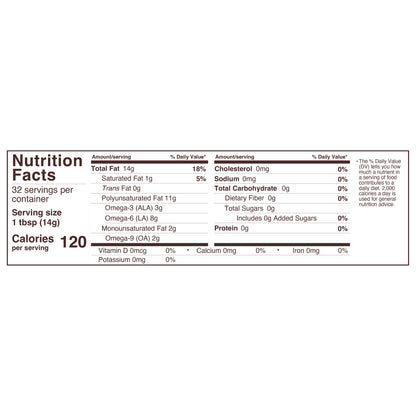 Foods Alive Organic Cold-Pressed Hemp Seed Oil 16 oz Nutrition Facts label showing 120 calories, 14g total fat, 3g omega-3, 8g omega-6, and 2g omega-9 per 1 tbsp serving. 