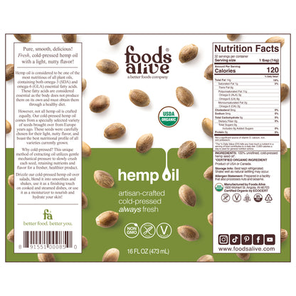 Organic Cold-Pressed Hemp Seed Oil 16oz, 