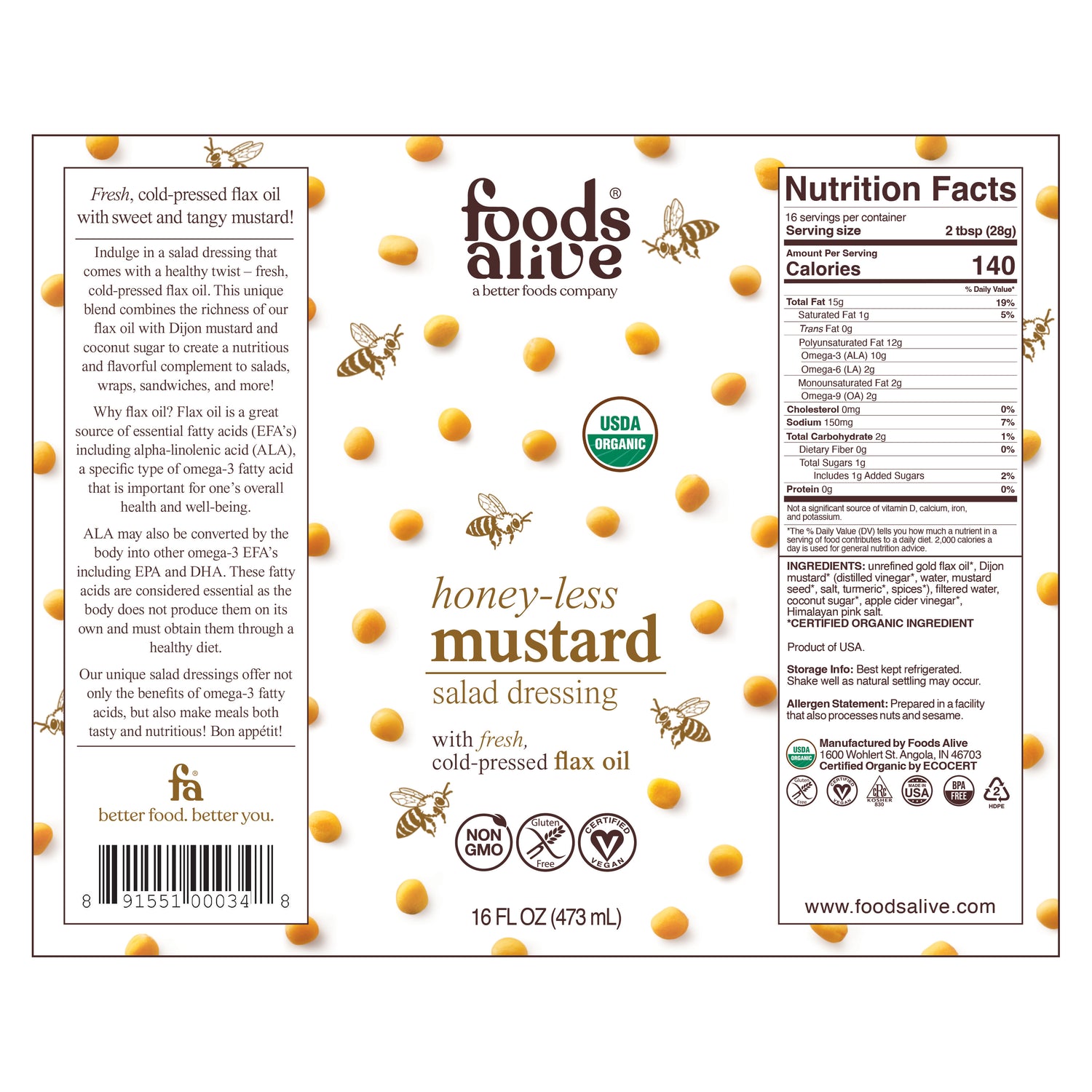 Organic Honey-Less Mustard Salad Dressing Label - 16oz