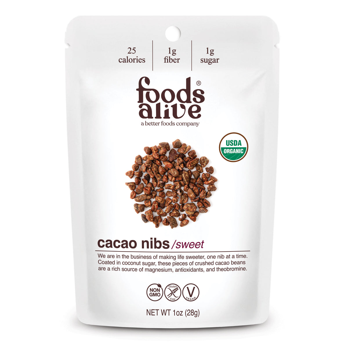 Organic Sweet Cacao Nibs (with Coconut Sugar) – Foods Alive Inc.