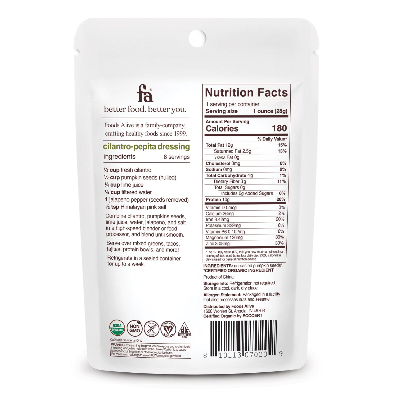Organic Pumpkin Seeds - 1oz - Front - Foods Alive, 