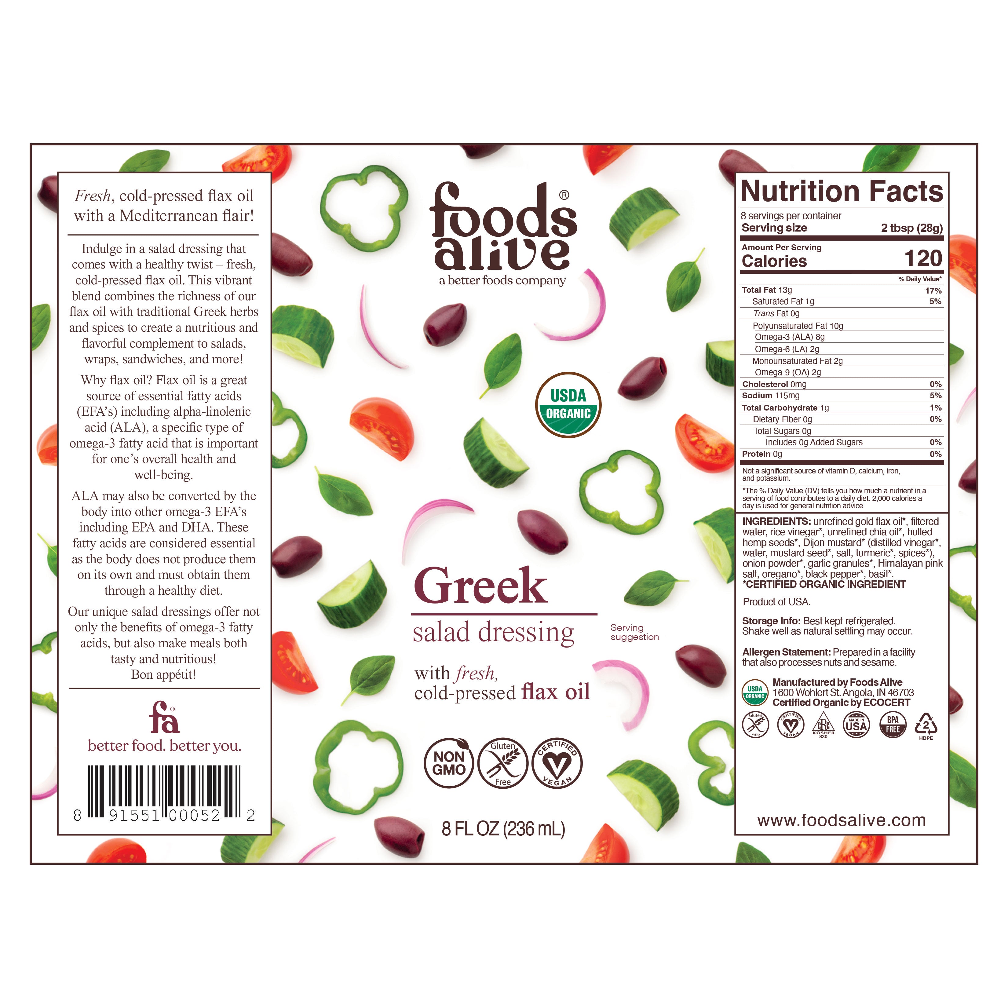 Organic Greek Salad Dressing Label - 8oz