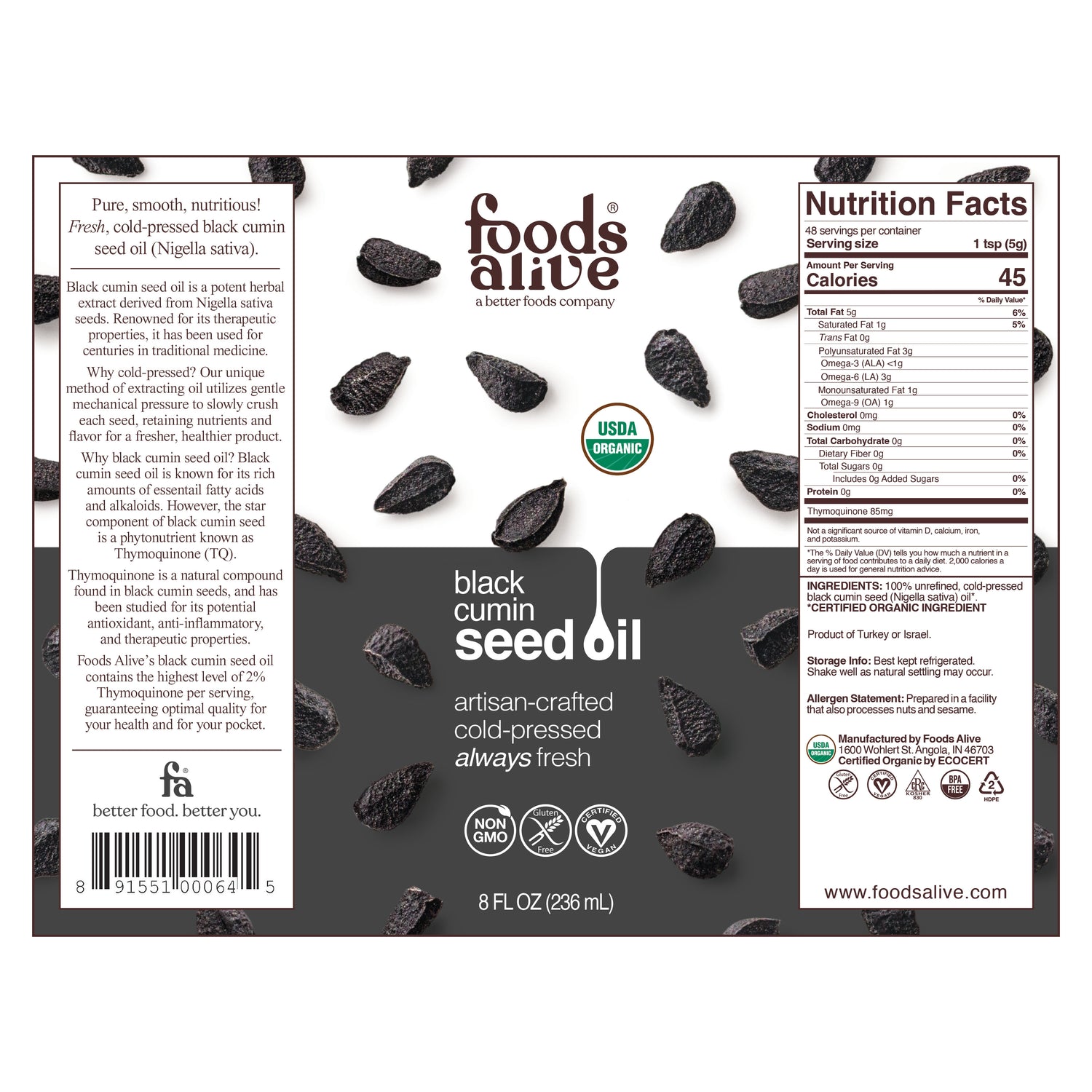Organic Cold-Pressed Black Cumin Seed Oil 8oz Label - Foods Alive