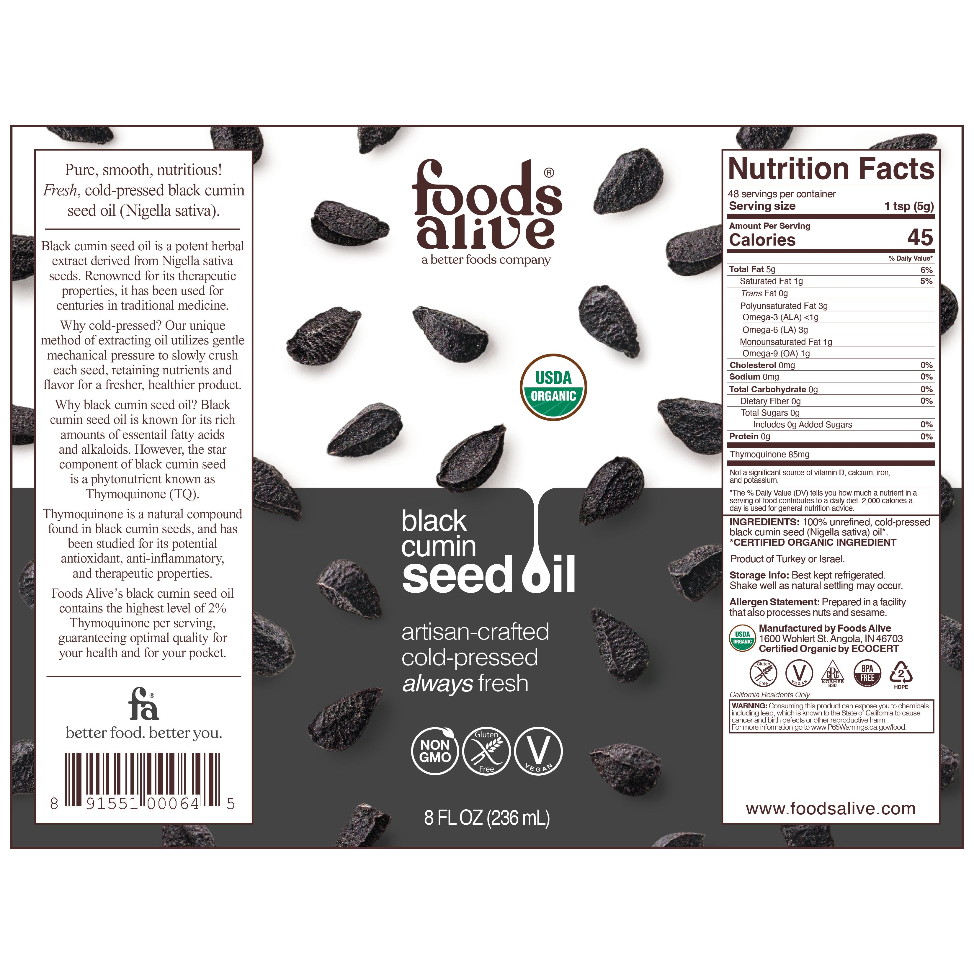 Organic Cold-Pressed Black Cumin Seed Oil 8oz