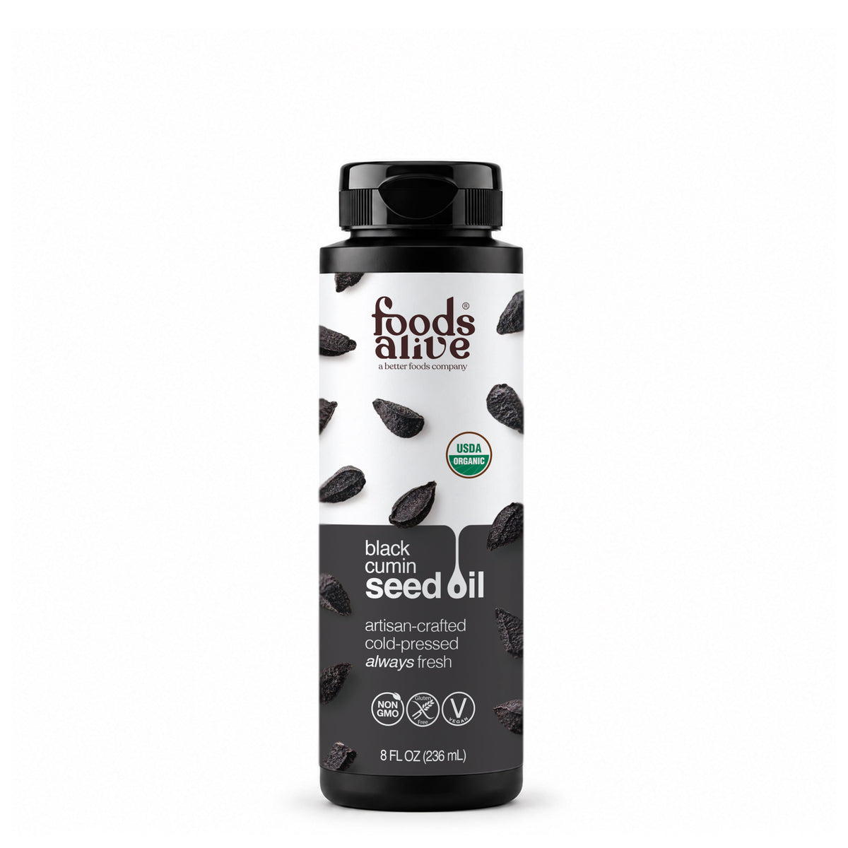 Foods Alive Organic Black Cumin Seed Oil in an 8 oz black plastic bottle with a white and charcoal label featuring black cumin seeds. 