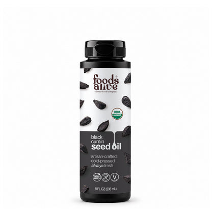 Foods Alive Organic Black Cumin Seed Oil in an 8 oz black plastic bottle with a white and charcoal label featuring black cumin seeds. 