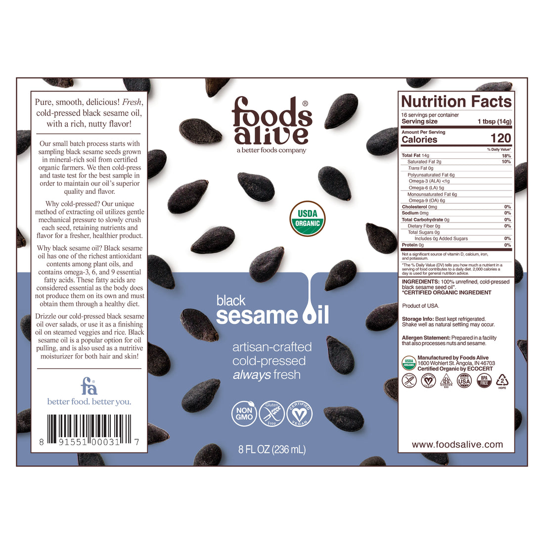 Organic Cold-Pressed Black Sesame Seed Oil 8oz Label - Foods Alive