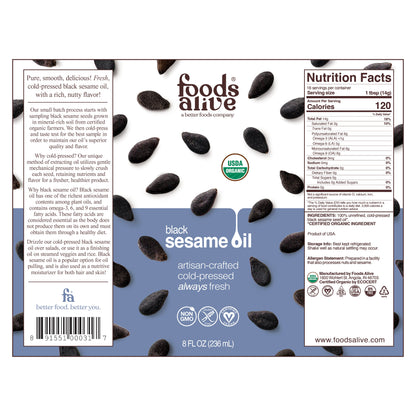 Organic Cold-Pressed Black Sesame Seed Oil 8oz Label - Foods Alive