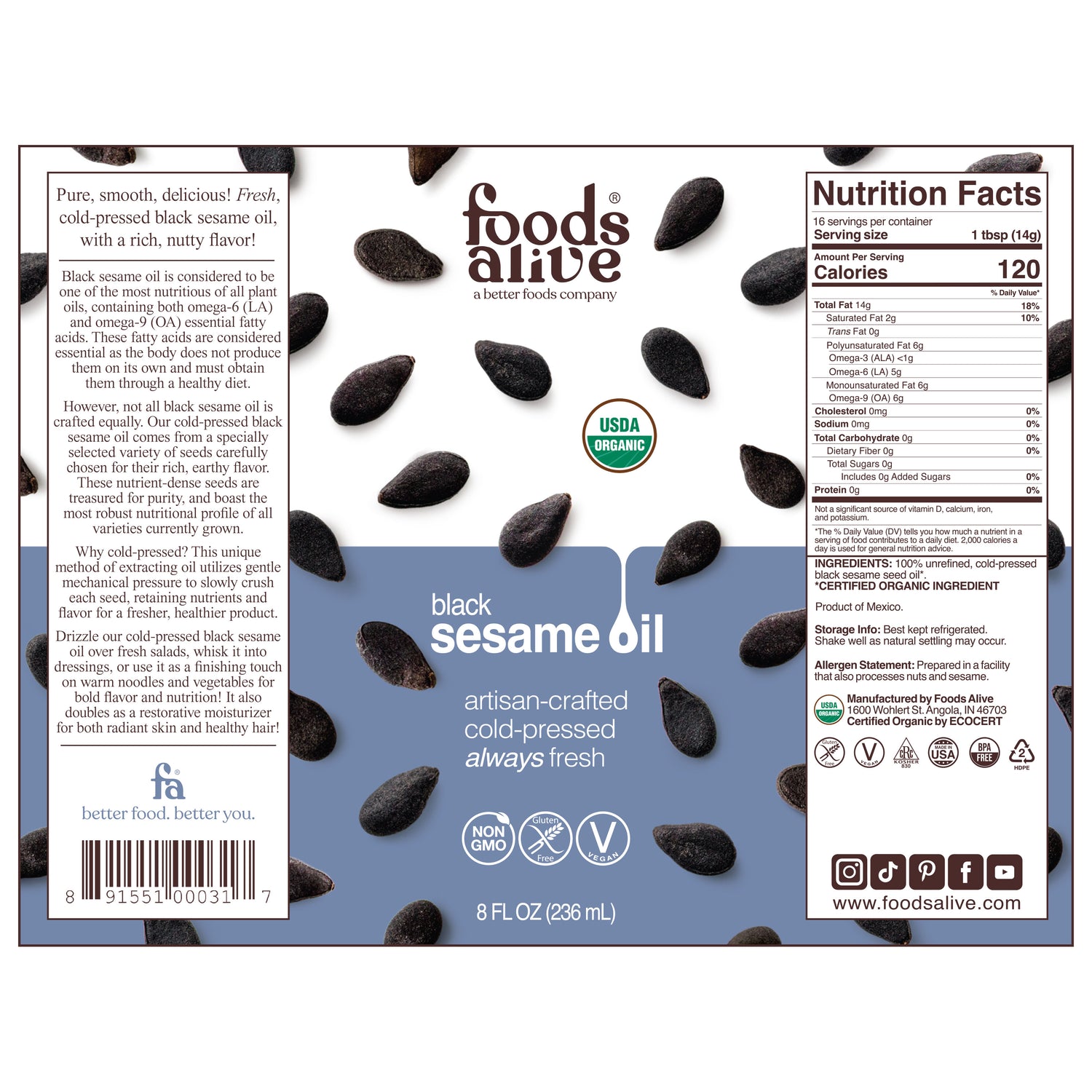 Organic Cold-Pressed Black Sesame Seed Oil 8oz, 