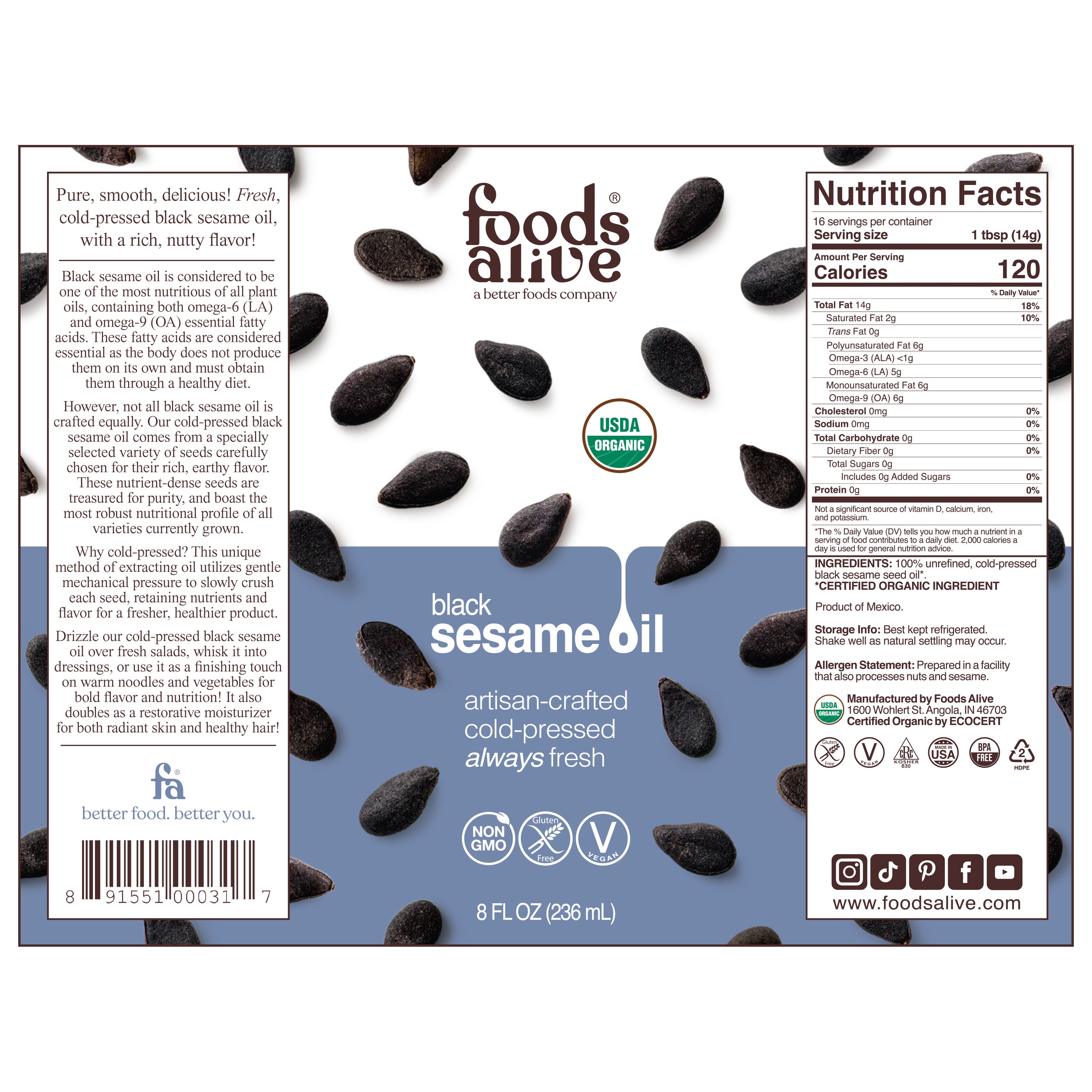 Organic Cold-Pressed Black Sesame Seed Oil 8oz, 