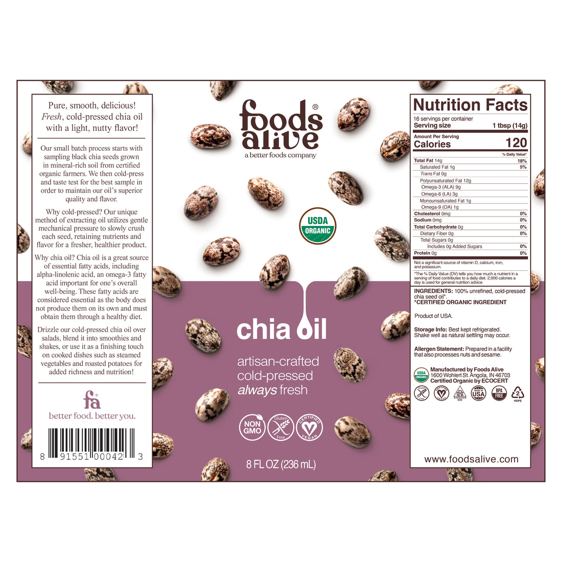 Organic Cold-Pressed Black Chia Seed Oil 8oz Label - Foods Alive